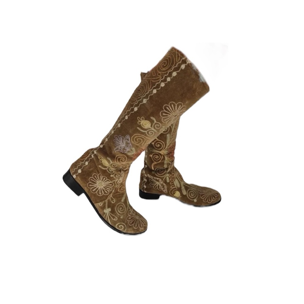 Embroidered Brown Suede Knee-High Boots - Women